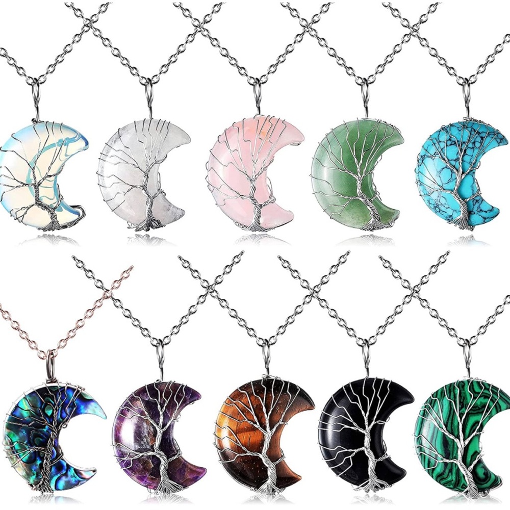 Silver Wire Wrap Natural Gemstone Crystal Tree of Life Moon Pendant Neck…